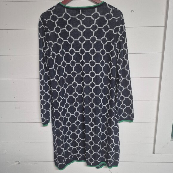 C by Bloomingdales Navy & White Chain Pattern Open Front Cardigan With Green Tri - Picture 5 of 7